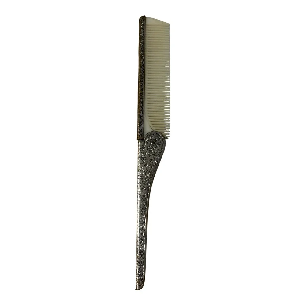 Vintage Silver Tone Mini Hand Mirror Folding Comb Set Floral Engraved Vanity
